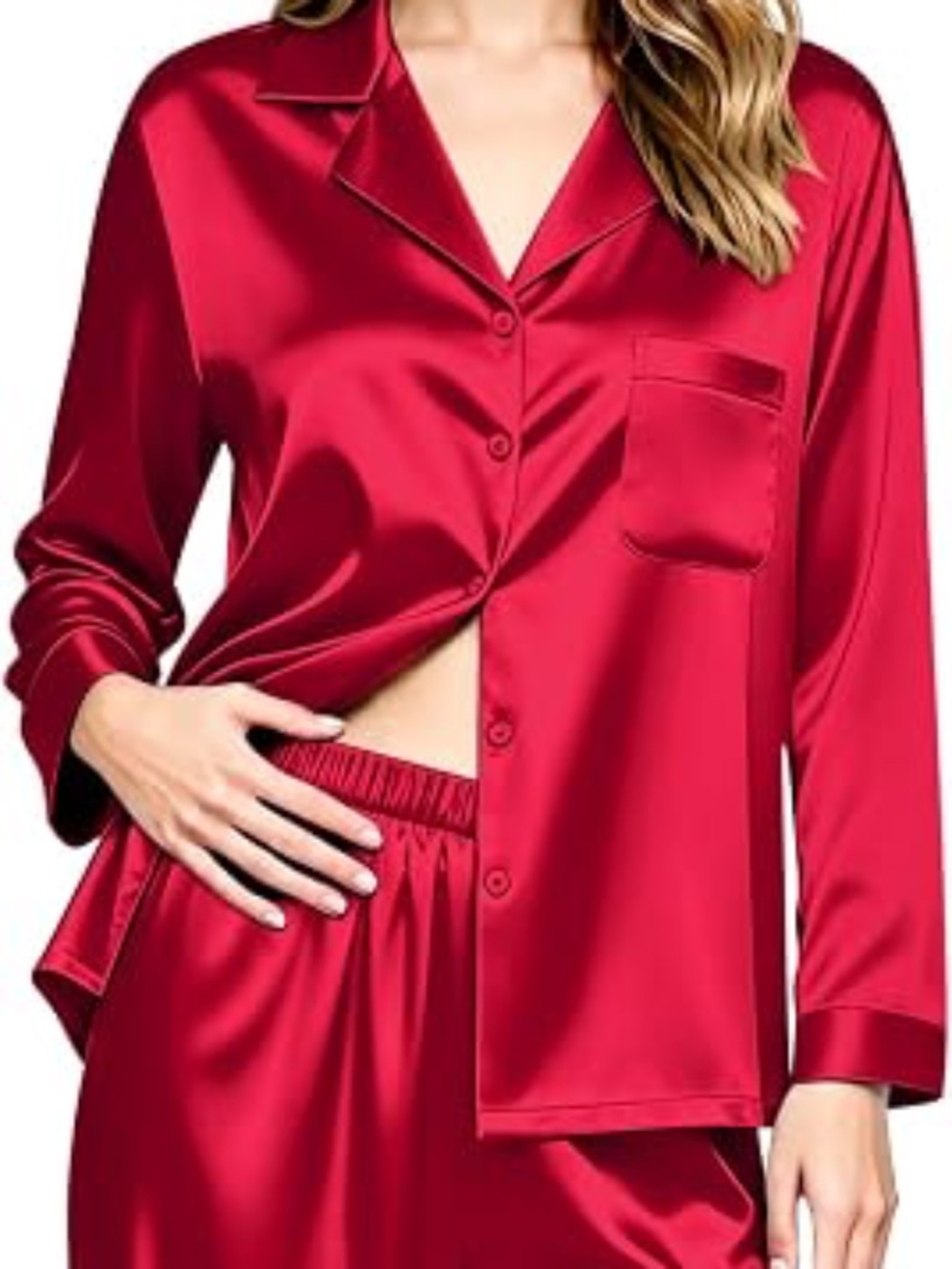 Long Sleeve Pajamas Satin Set Button Down with Pocket in Rose Red Pink